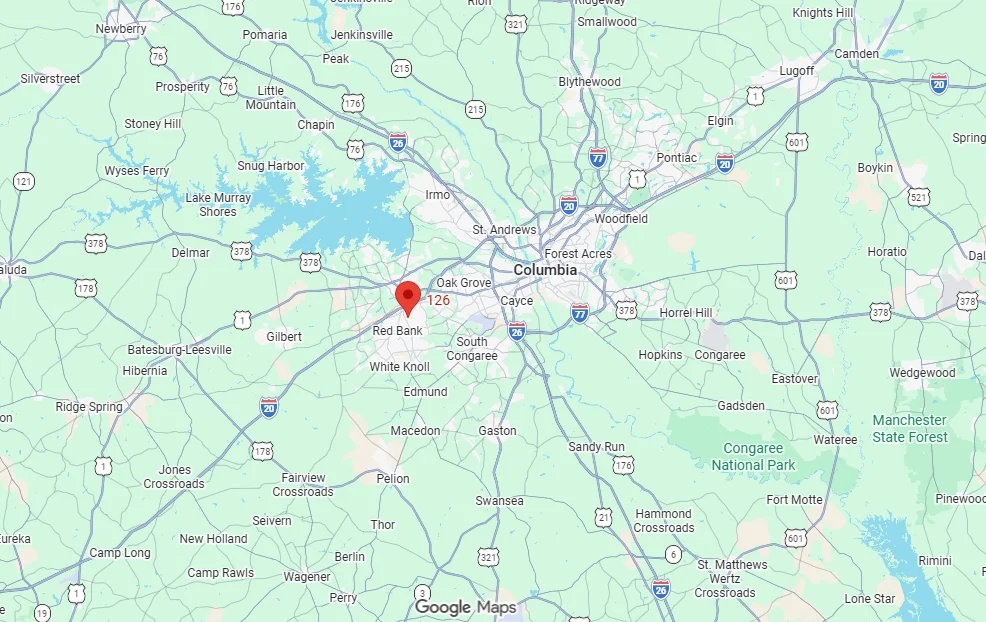 Map showing GIGA Sparkle's service area covering Lexington, Columbia, and The Midlands of South Carolina